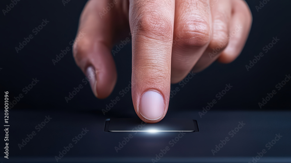 Poster close up of finger pressing button on device, symbolizing interaction