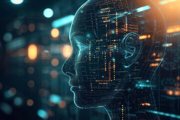Artificial intelligence analyzes complex data patterns in a futuristic environment, showcasing a digital representation of a human-like face against a backdrop of technology and light