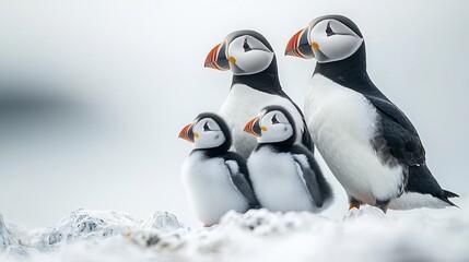 Fototapeta premium Family of puffins standing together on an invisible rocky shore against a white background