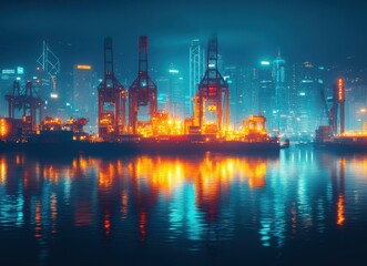 Vibrant Night Scene of Industrial Port with Cranes and City Skyline Reflecting in Water, Capturing the Essence of Urban Development and Technology