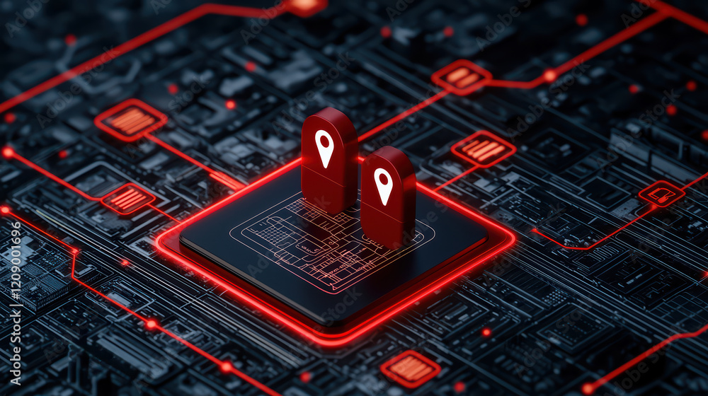 Poster geolocation interface with digital map markers and circuitry