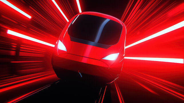 Futuristic red vehicle in motion with dynamic light effects