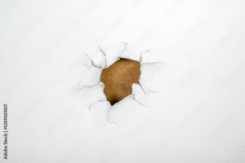 Poster top view of the hole from ripped white paper with a colored background. mockup. copy space. presenta