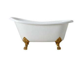 Classic white clawfoot bathtub with ornate golden legs, isolated on a white background