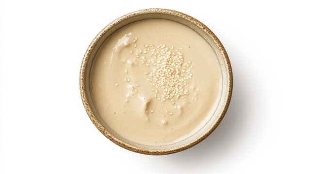 A bowl of creamy tahini sauce with sesame paste, lemon juice, garlic