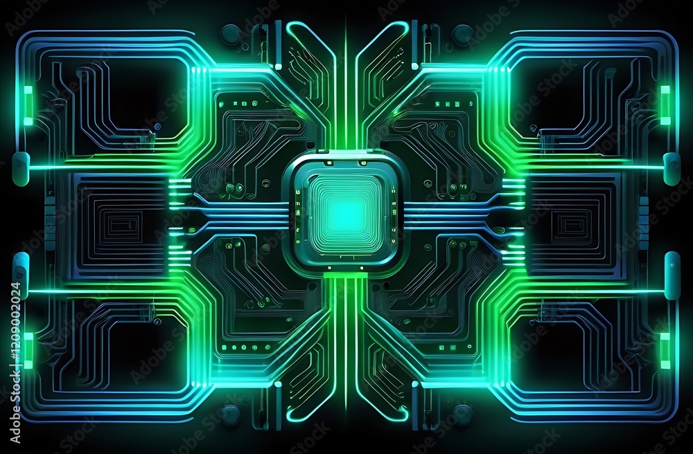 Poster futuristic close up abstract electric circuit board processor, microchip component tech background.