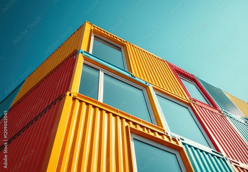 Poster vibrant shipping container architecture with modern windows under a clear sky, showcasing unique col