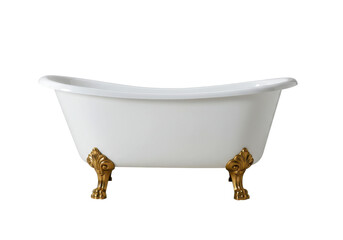 Classic white clawfoot bathtub with ornate golden legs, isolated on a white background