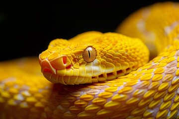Fototapeta premium A close-up view of a vibrant yellow viper snake showcasing intricate scales and striking eyes against a dark backdrop in its natural habitat