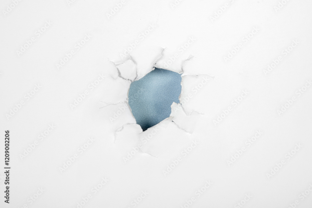 Poster top view of the hole from ripped white paper with a colored background. mockup. copy space. presenta