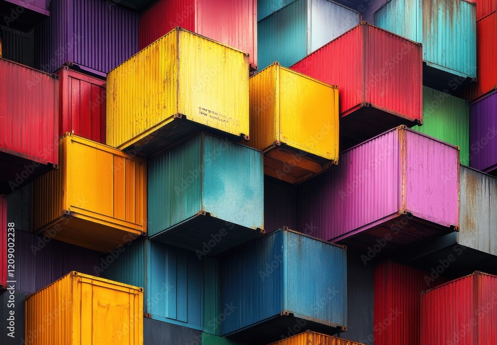 Poster vibrant stacked cargo containers in multicolored arrangement creating a dynamic urban aesthetic for 