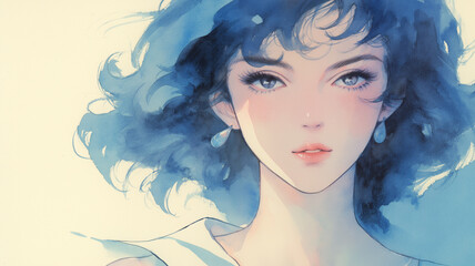 Fototapeta premium エレガントな女性と和の要素｜水彩画スタイルのポートレート。古い日本のアニメの女性をイメージしたイラスト。心地よい水彩画タッチ。