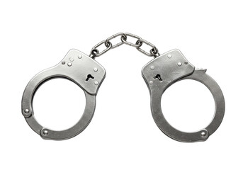 Pair of shiny silver handcuffs with a chain link in the middle, isolated on a white background