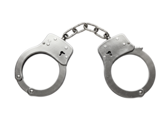 Pair of shiny silver handcuffs with a chain link in the middle, isolated on a white background