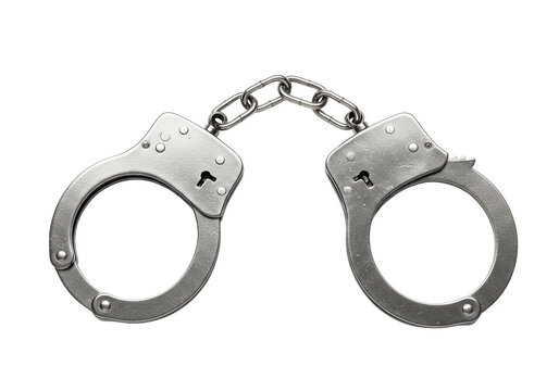 Pair of shiny silver handcuffs with a chain link in the middle, isolated on a white background
