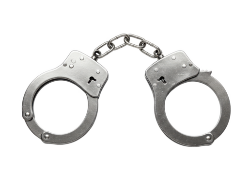 Pair of shiny silver handcuffs with a chain link in the middle, isolated on a white background