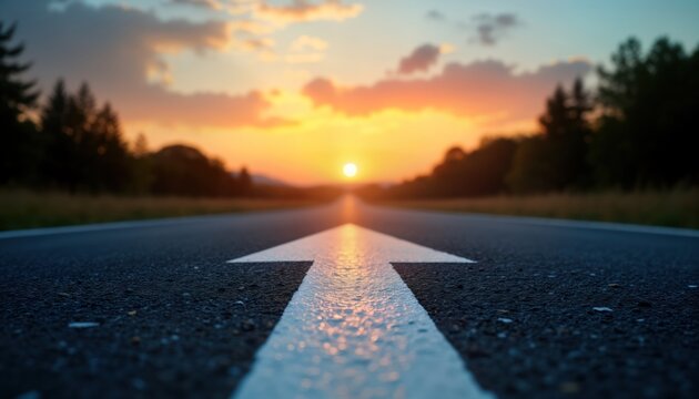 Low angle view of white arrow on dark asphalt road leading towards beautiful sunset. Road stretches ahead suggesting path to success. Image conveys sense of motivation, hope for bright future. Photo