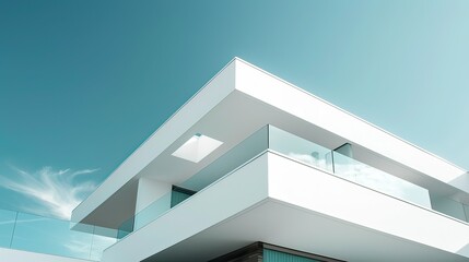 Fototapeta premium A minimalist modern house with white walls and a flat roof.