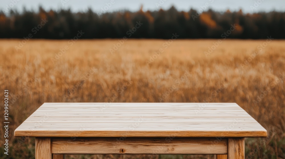 Poster empty wooden table standing in a wheat field with forest in background