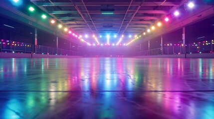 A vibrant roller skating rink with colorful disco lights reflecting off the polished floor, empty except for a single pair of skates.