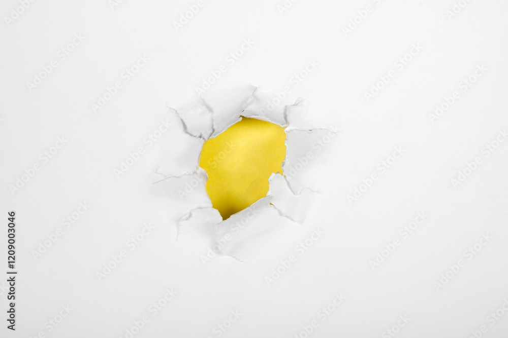 Aufkleber top view of the hole from ripped white paper with a colored background. mockup. copy space. presenta