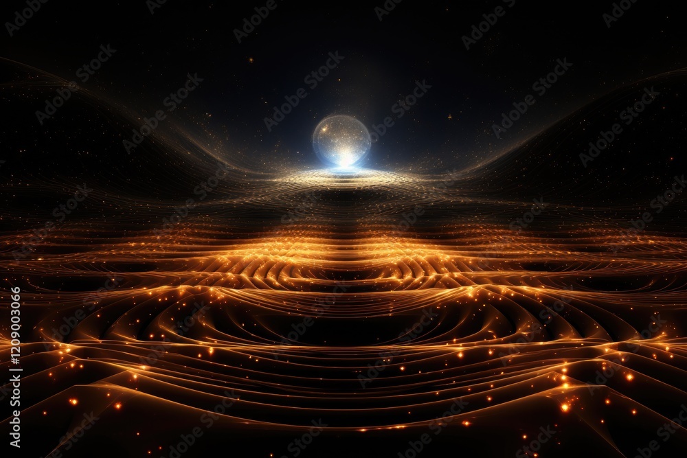 Poster pulsating waves of energy radiate from a vibrant quantum core in an abstract cosmic landscape showca