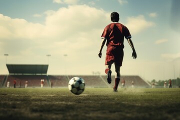 Naklejka premium Young soccer player prepares to take a decisive penalty kick on a sunlit field during an important match at a local stadium filled with eager fans