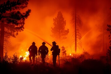 Fototapeta premium Firefighters combating a wildfire in a forest at dusk with flames and smoke engulfing vegetation as they work to control the blaze