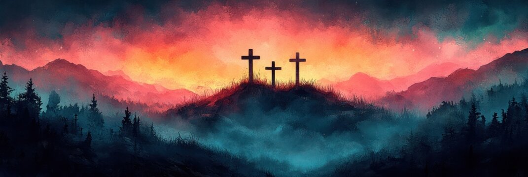 Easter Background Design Featuring Three Crosses on Watercolor Sunrise in Pink Orange and Blue for Christian Holiday