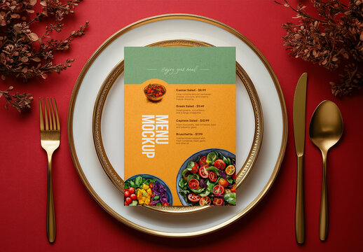 Restaurant Menu Mockup &ndash; Elegant Table Setting with Colorful Food Layout for Dining Branding