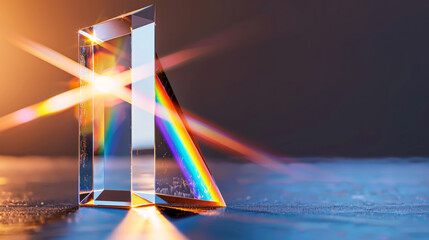 Prism Light Spectrum: A crystal prism refracts light, creating a vibrant rainbow spectrum against a dark, moody background. The image evokes a sense of scientific discovery and the beauty of physics.