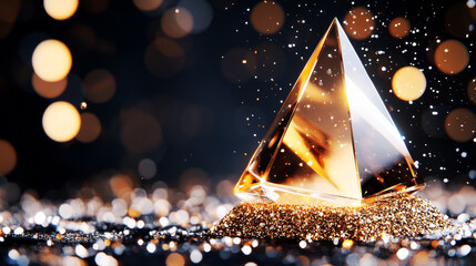 Golden Pyramid Award: A captivating image of a glistening golden pyramid award, resting on a bed of sparkling glitter against a backdrop of warm bokeh lights.
