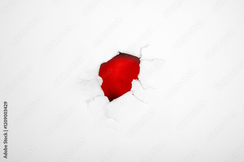 Poster top view of the hole from ripped white paper with a colored background. mockup. copy space. presenta