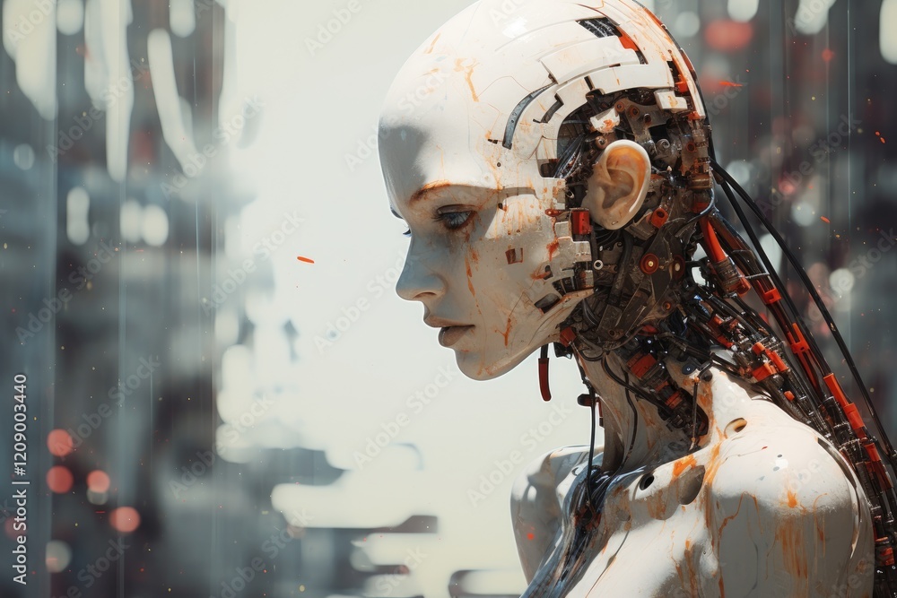 Poster ai creation of a futuristic humanoid figure stands in an urban setting, showcasing intricate robotic