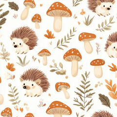  pattern of cute hedgehogs and mushrooms 