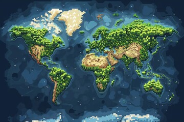 A vibrant pixelated world map showcasing diverse landscapes with spotlight effects illuminating various regions during a serene night