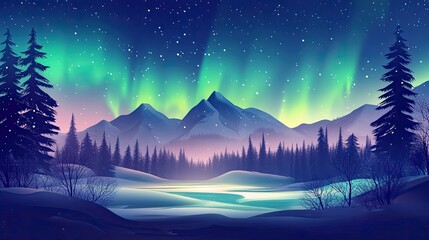 Naklejka premium Winter Wonderland Aurora Borealis Mountain Lake Scene