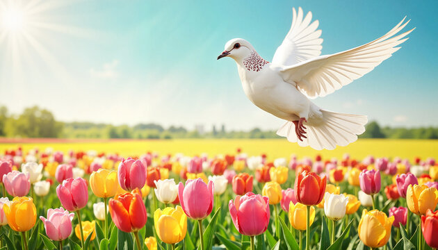 Dove flying over colorful tulip field