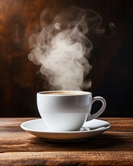 White Coffee Cup on Wooden Table with Steam
