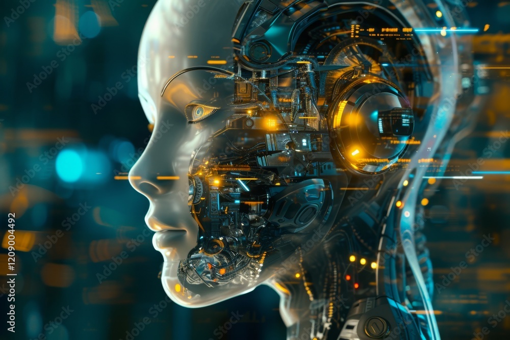 Poster closeup of a high-tech robot portrait showing intricate details of its mechanical features and glowi