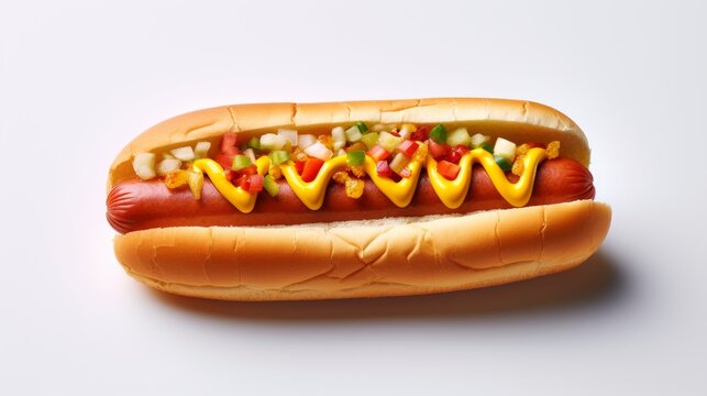 Classic Hot Dog: A delicious hot dog in a soft bun, topped with yellow mustard and a vibrant relish, ready to be devoured.