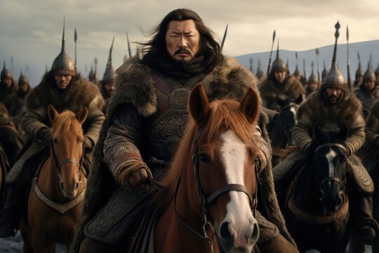 Genghis Khan leads his Mongol horde across the vast steppes, embodying the spirit of conquest in the early 13th century while displaying unmatched leadership on horseback