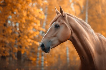 Obraz premium A majestic Don breed horse stands gracefully amidst vibrant autumn foliage in a serene Russian landscape, showcasing the beauty of nature and equine elegance