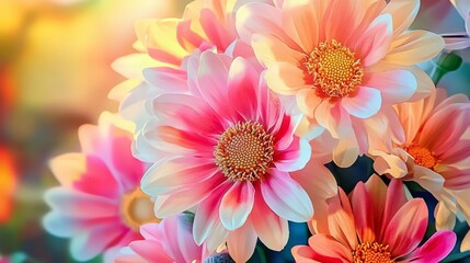 Obraz premium Pastel Gerbera Daisies: A vibrant close-up showcasing a bouquet of pastel-colored gerbera daisies, their delicate petals bathed in soft, warm light.