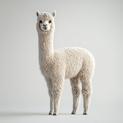 Obraz premium Fluffy alpaca with soft curly wool standing calmly on a white background