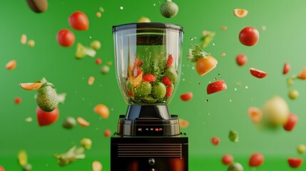 A dynamic composition of a blender with fruits and vegetables mid-air on a green background