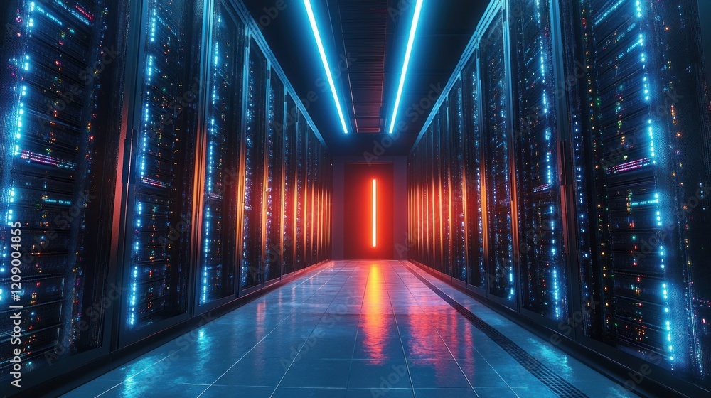 Poster futuristic data center corridor with towering server racks and blue led lights featuring data transm