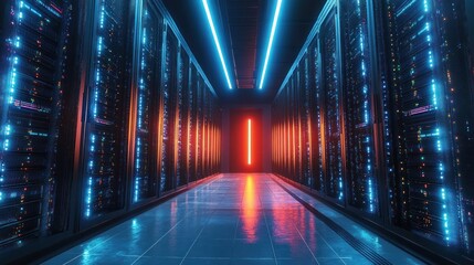 Futuristic Data Center Corridor with Towering Server Racks and Blue LED Lights Featuring Data Transmission Visualization