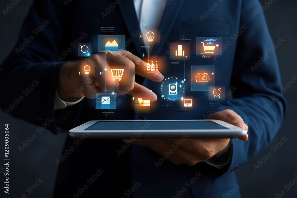 Poster businessman engaged with a tablet computer showcasing interactive business icons and data visualizat