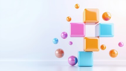 A 3D-rendered graphic of vibrant cubes and spheres in a glossy finish on a white background.